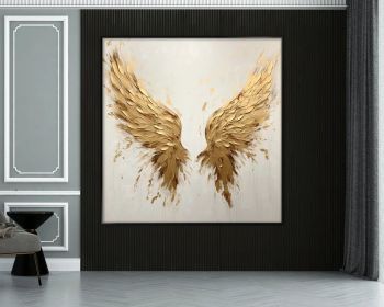 Golden Wings 100% Handmade Angel Wing Gold and White Modern Textured Painting Acrylic Abstract Oil Painting Wall Decor Living Room (style: 01, size: 160x160cm)