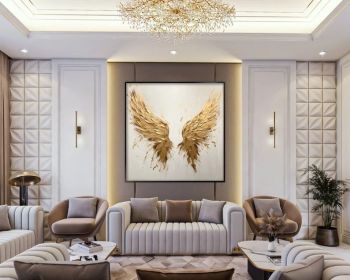 Golden Wings 100% Handmade Angel Wing Gold and White Modern Textured Painting Acrylic Abstract Oil Painting Wall Decor Living Room (style: 01, size: 100x100cm)